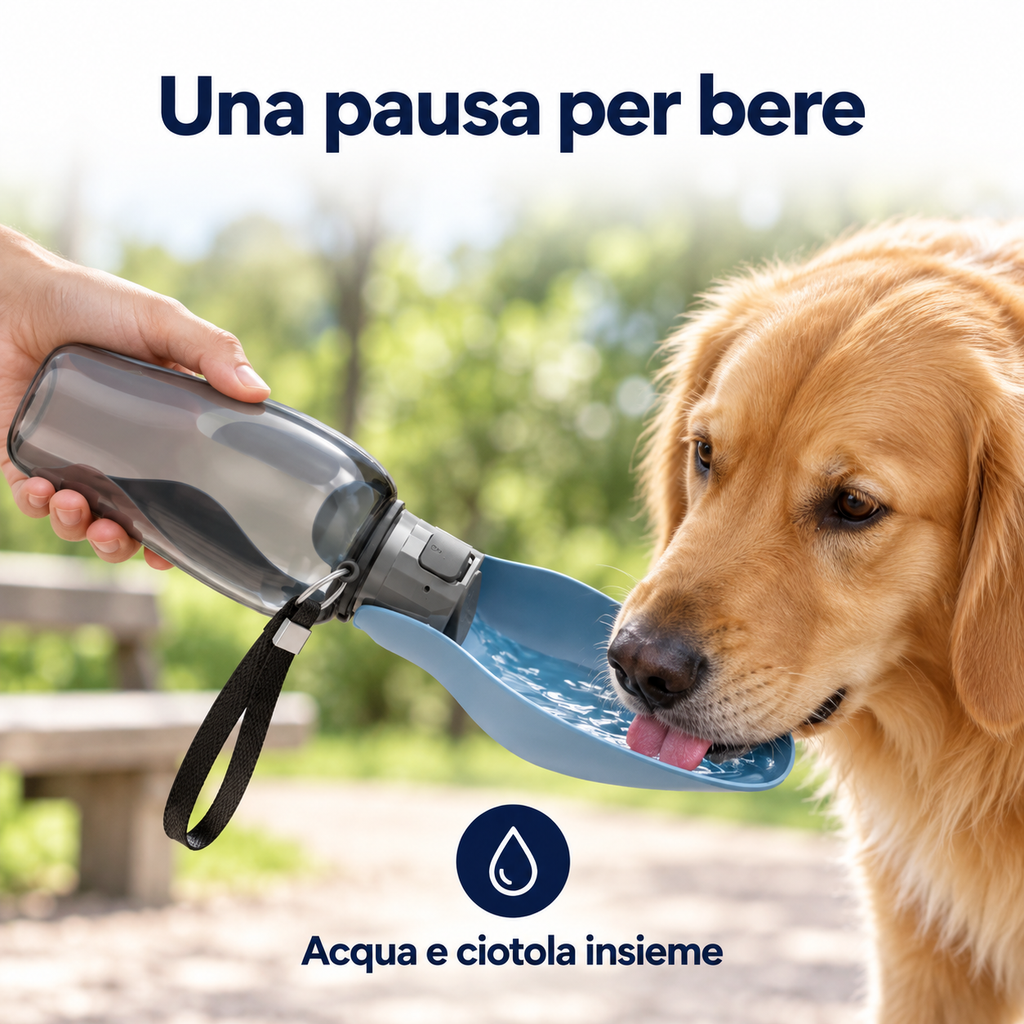 Cane che beve dalla ciotola a foglia aperta della borraccia blu grigio — scena illustrativa