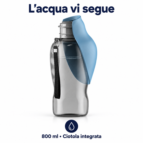 Borraccia blu grigio da 800 ml con ciotola a foglia ripiegata e laccetto, vista su fondo chiaro — immagine illustrativa