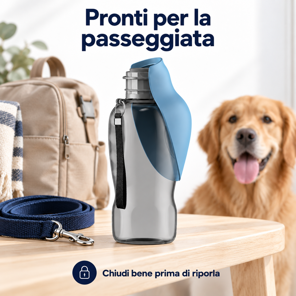 Borraccia blu grigio con ciotola ripiegata accanto a uno zaino e un guinzaglio — scena illustrativa