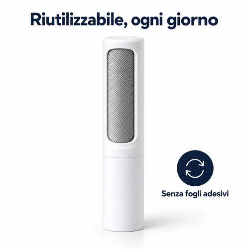 Spazzola levapeli bianca riutilizzabile, vista a tre quarti su fondo chiaro — immagine illustrativa