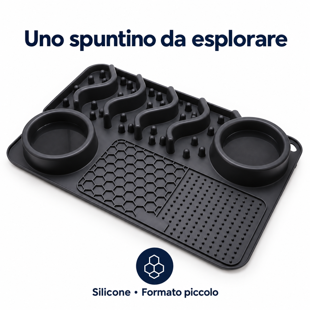 Tappetino da leccare nero piccolo, vuoto, con ciotole integrate e superfici lavorate — immagine illustrativa