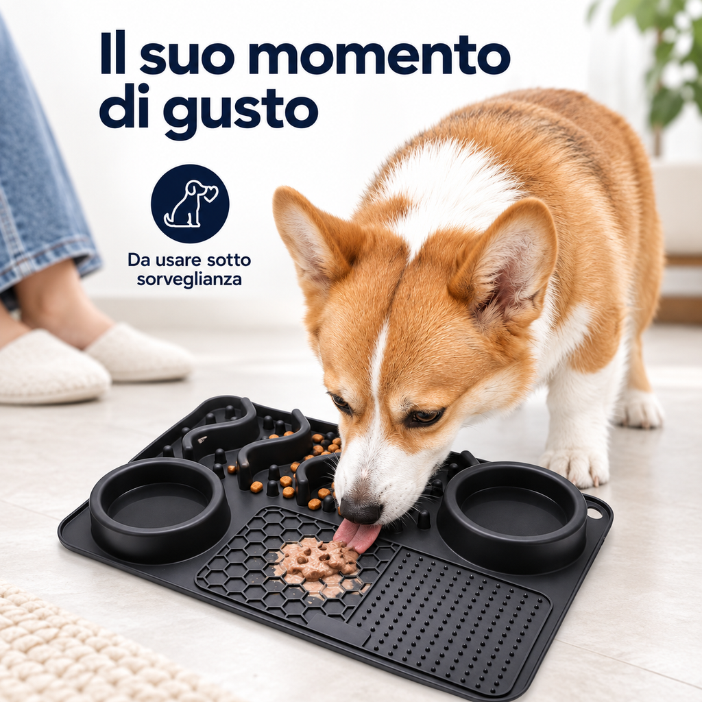 Corgi che usa il tappetino da leccare nero sotto la sorveglianza del proprietario — scena illustrativa